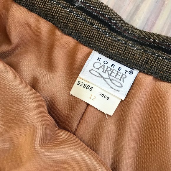 Vintage Koret Career Neutral Brown & Grey Stripe Wool Tweed Midi Skirt 30" Waist - Picture 3 of 7